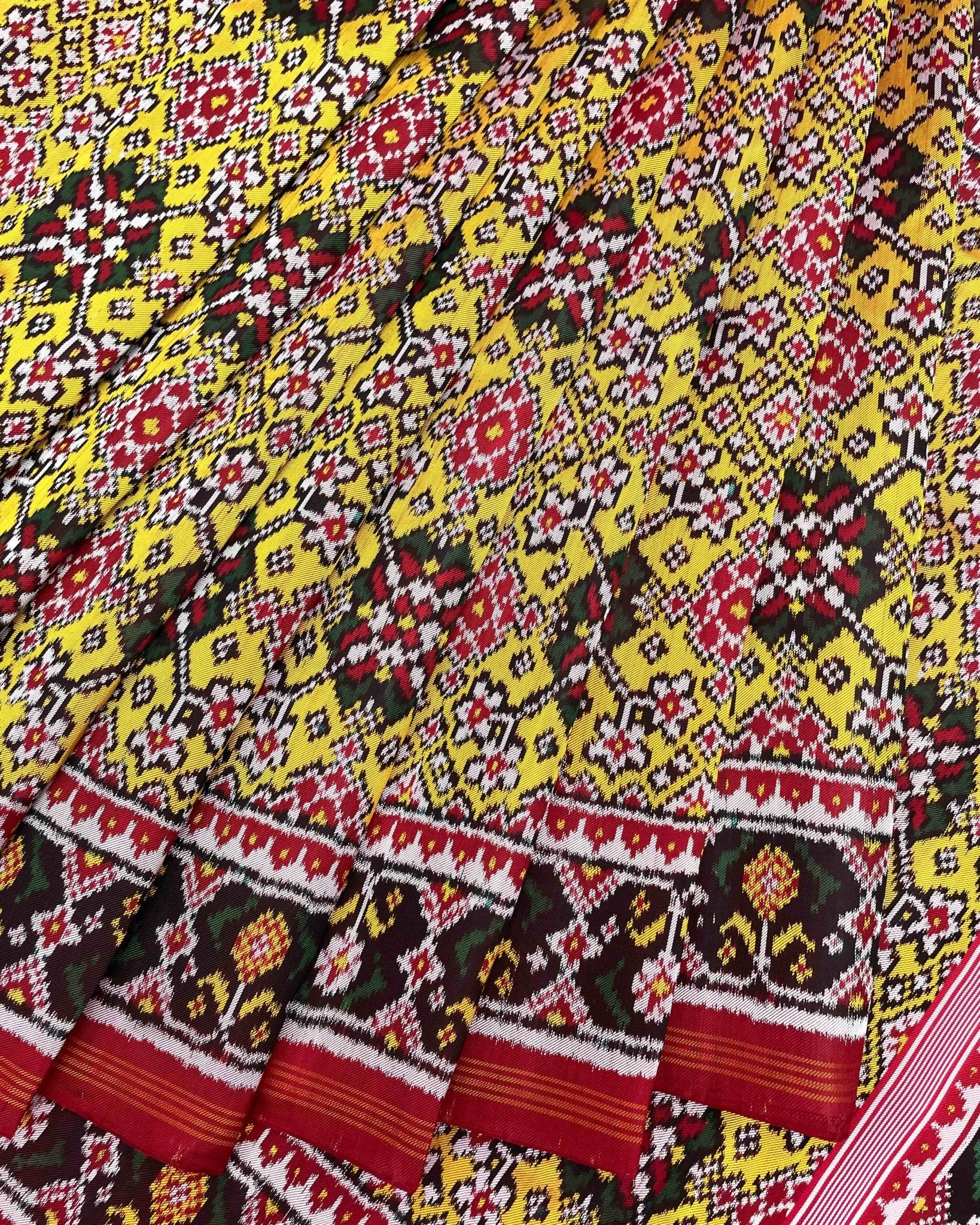 Red & Yellow Navratan Twill Patola Saree - SindhoiPatolaArt
