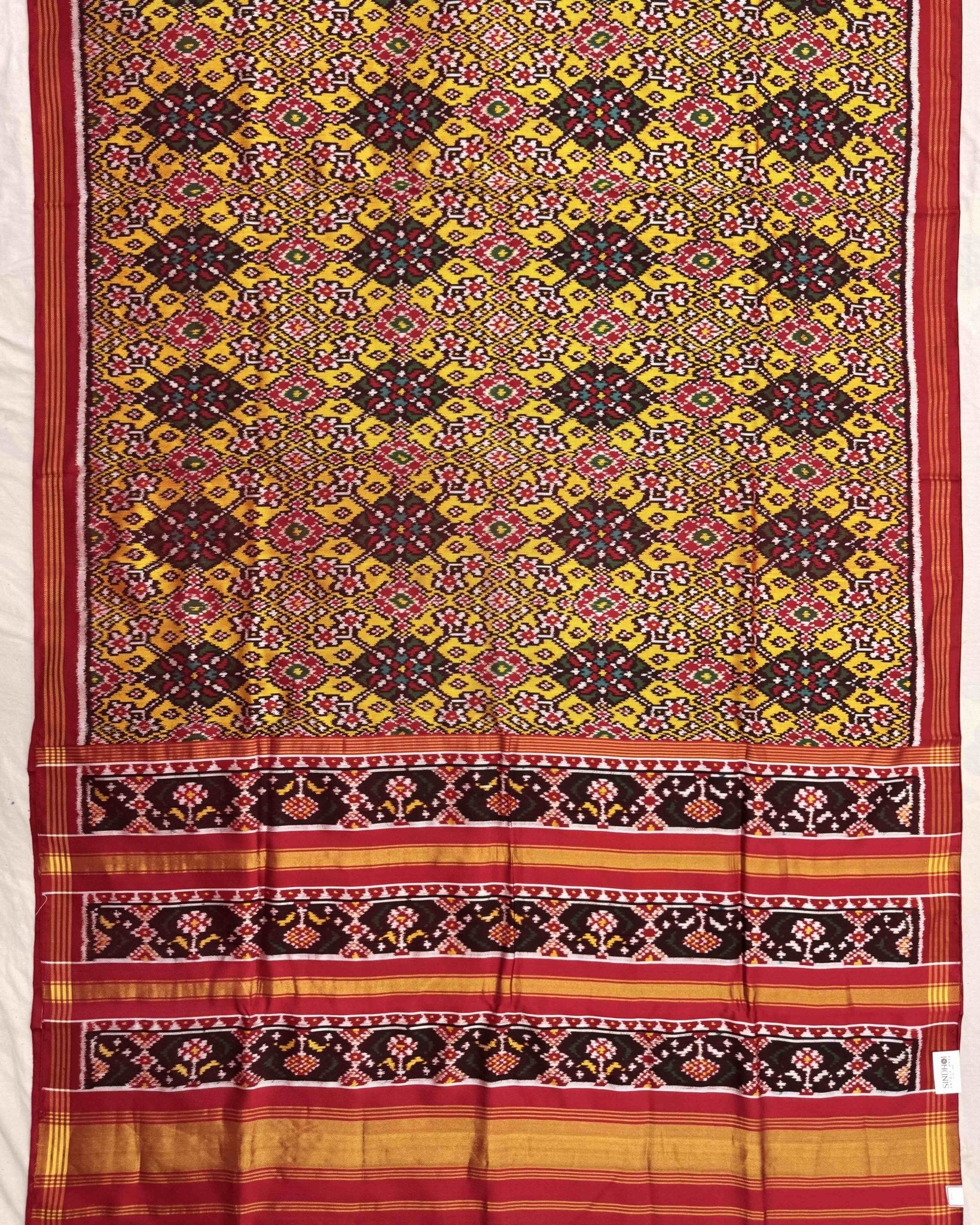 Red & Yellow Navratan Twill Patola Saree - SindhoiPatolaArt