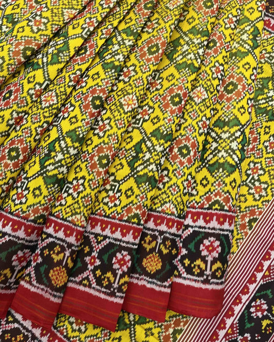 Red & Yellow Navratan Twill Patola Saree - SindhoiPatolaArt