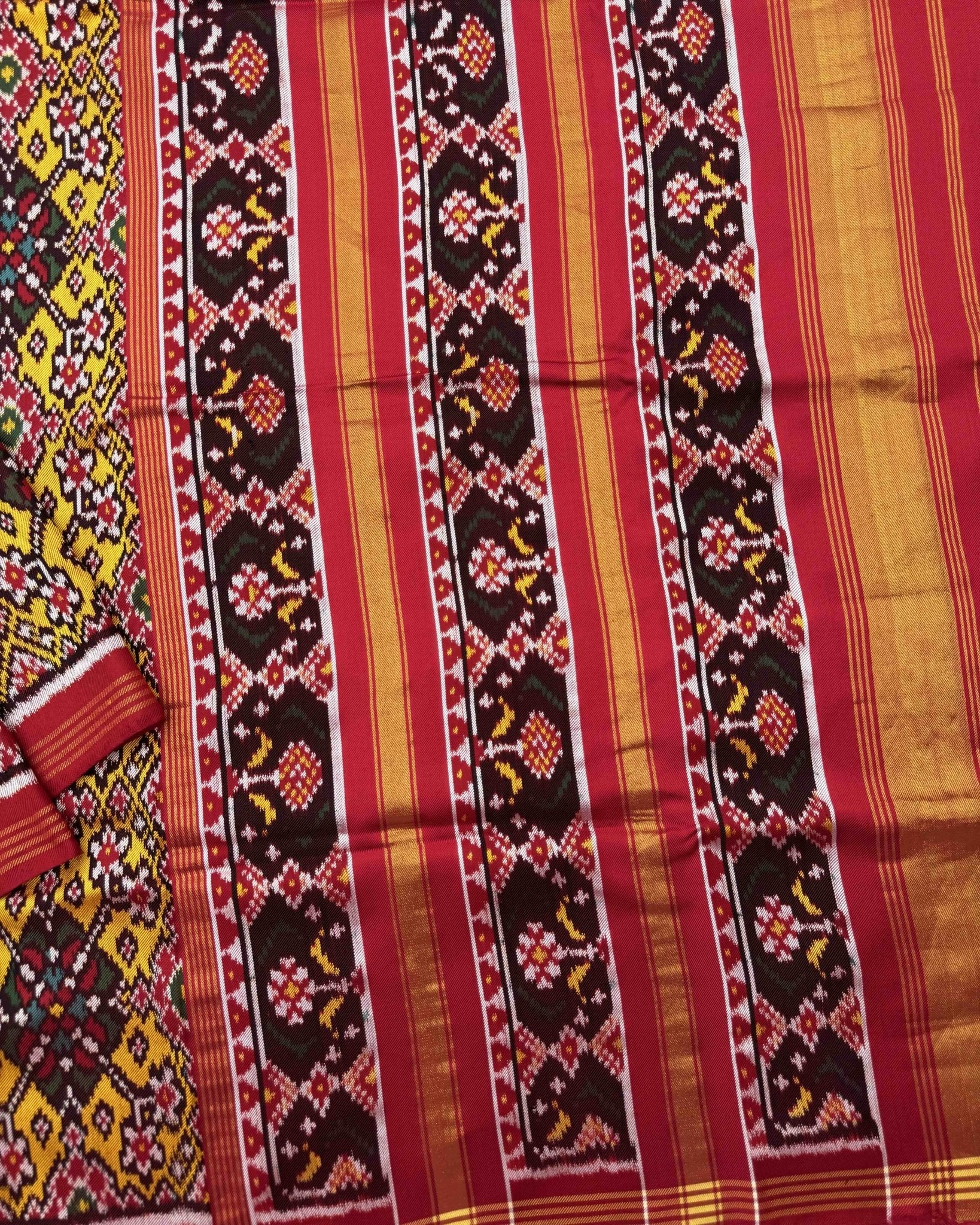 Red & Yellow Navratan Twill Patola Saree - SindhoiPatolaArt