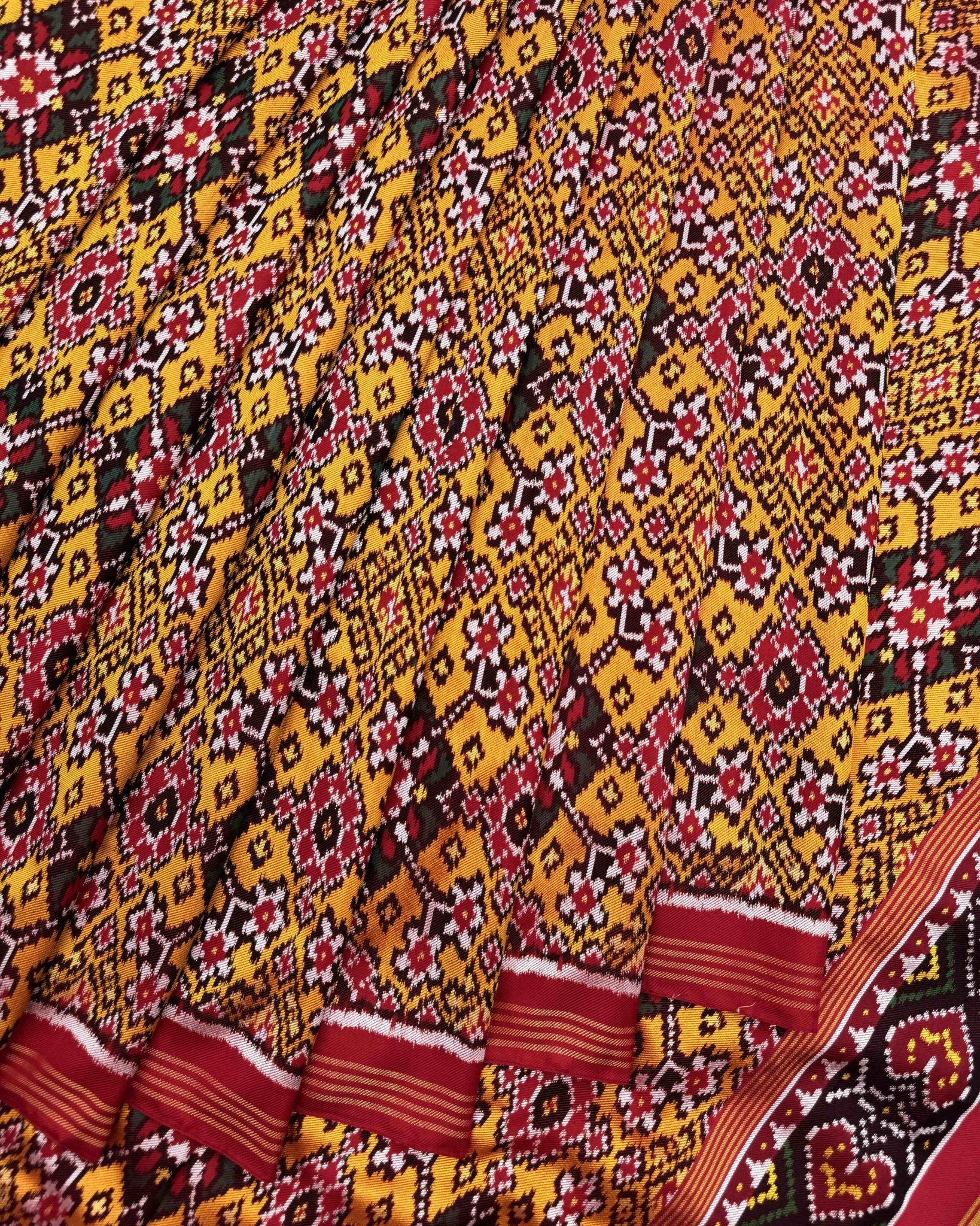 Red & Yellow Navratan Twill Patola Saree - SindhoiPatolaArt