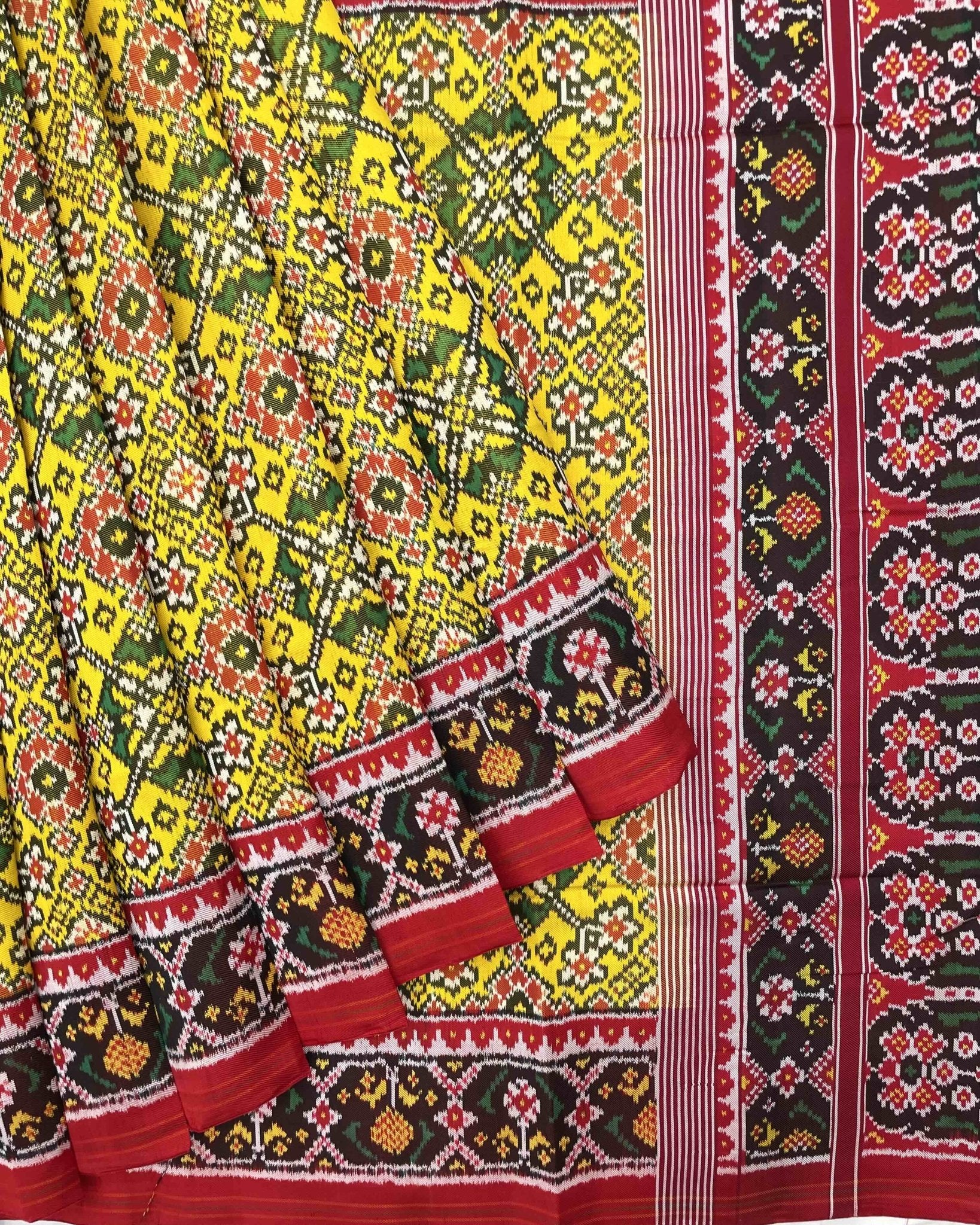 Red & Yellow Navratan Twill Patola Saree - SindhoiPatolaArt