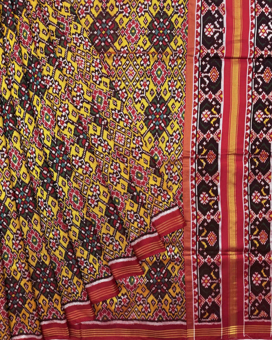 Red & Yellow Navratan Twill Patola Saree - SindhoiPatolaArt