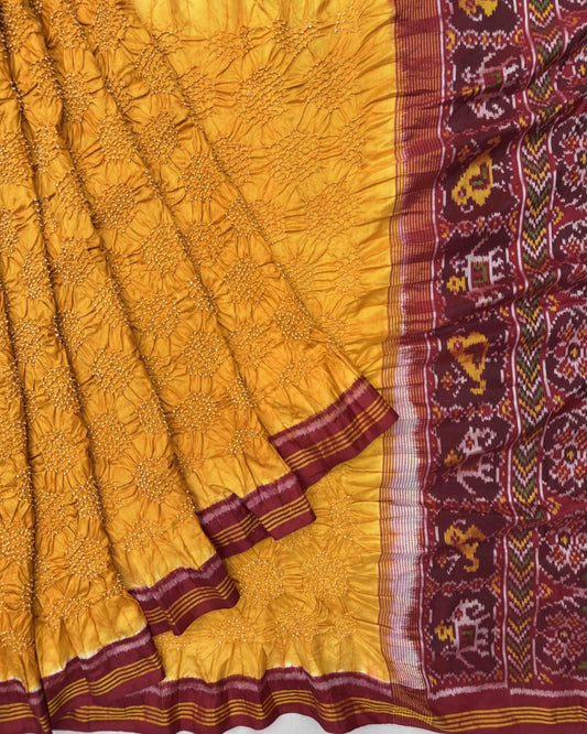 Red & Yellow Semi Double Ikat Bandhani Patola Saree - SindhoiPatolaArt