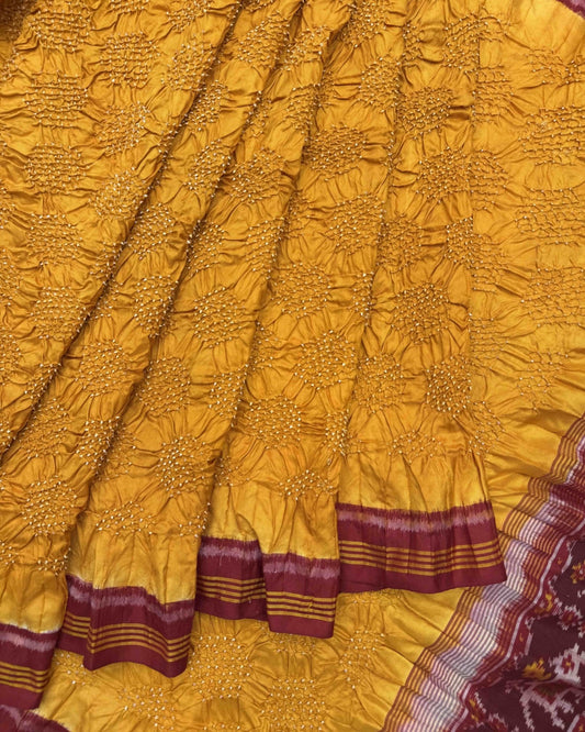 Red & Yellow Semi Double Ikat Bandhani Patola Saree - SindhoiPatolaArt