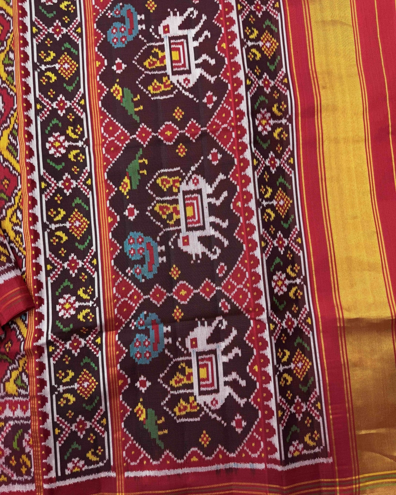 Red & Yellow Small Narikunj Twill Patola Saree - SindhoiPatolaArt