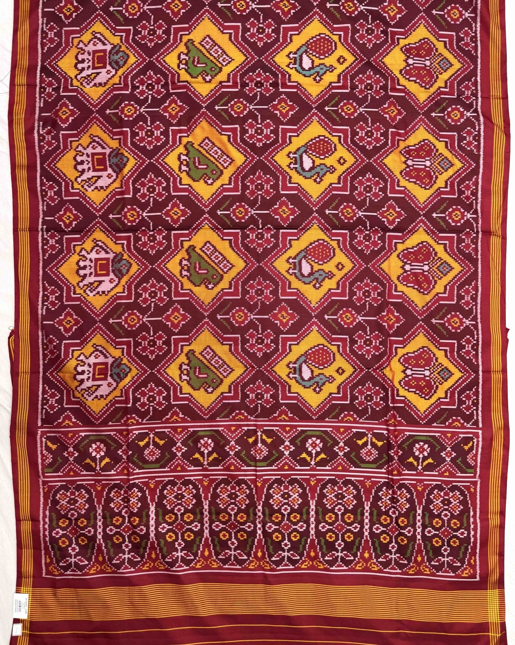 Red & Yellow Star Narikunj Semi Double Ikat Patola Saree - SindhoiPatolaArt