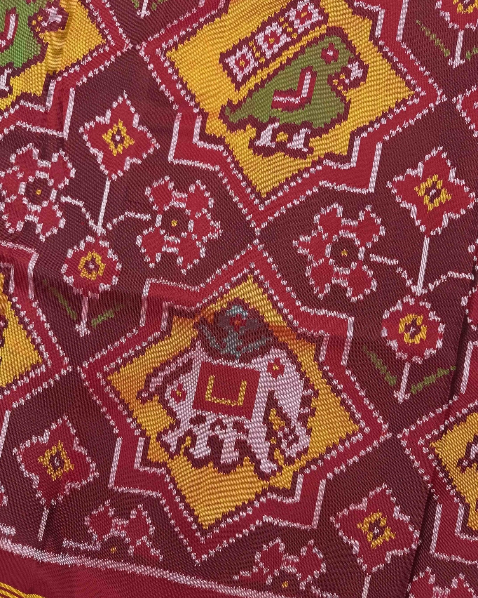 Red & Yellow Star Narikunj Semi Double Ikat Patola Saree - SindhoiPatolaArt