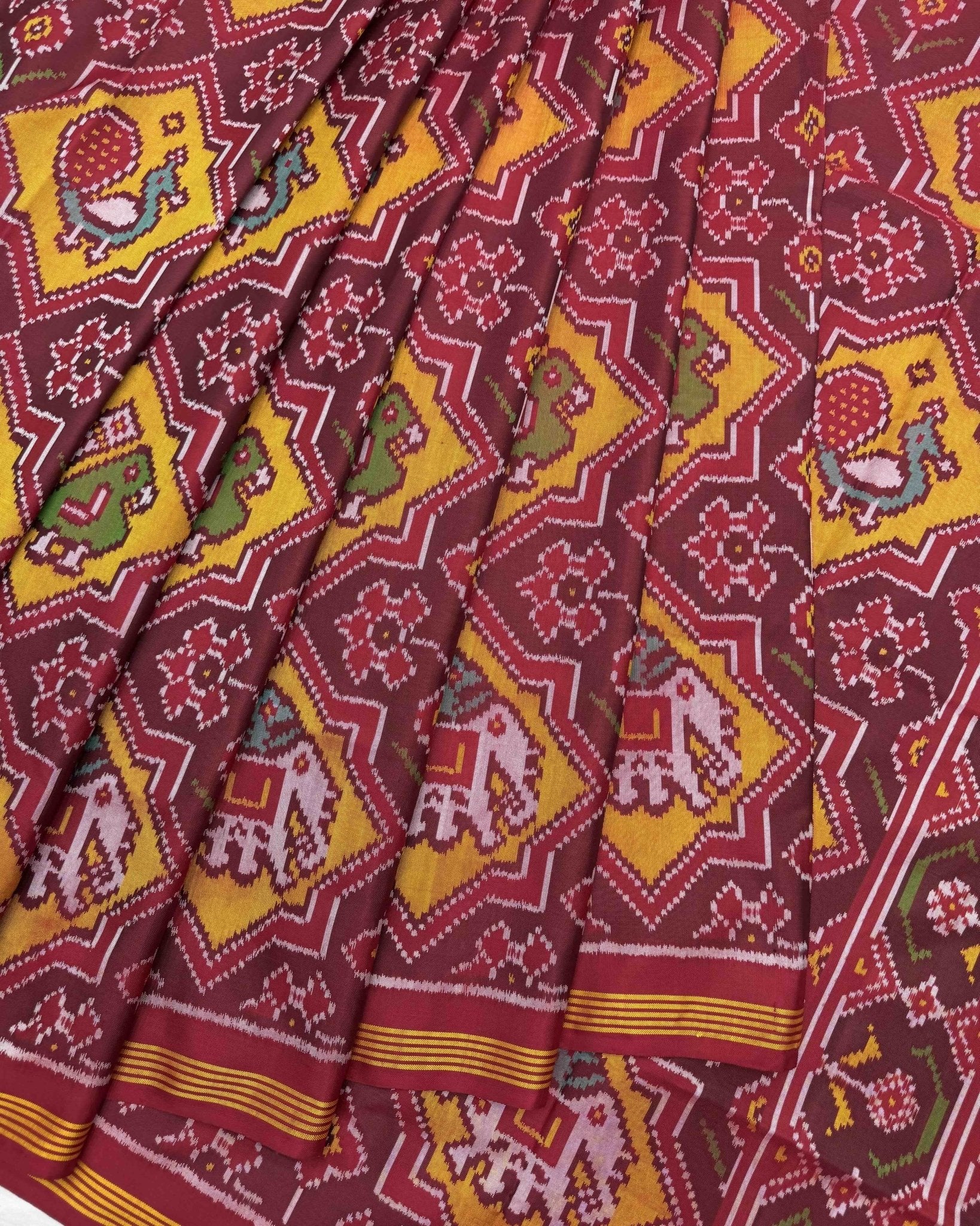 Red & Yellow Star Narikunj Semi Double Ikat Patola Saree - SindhoiPatolaArt