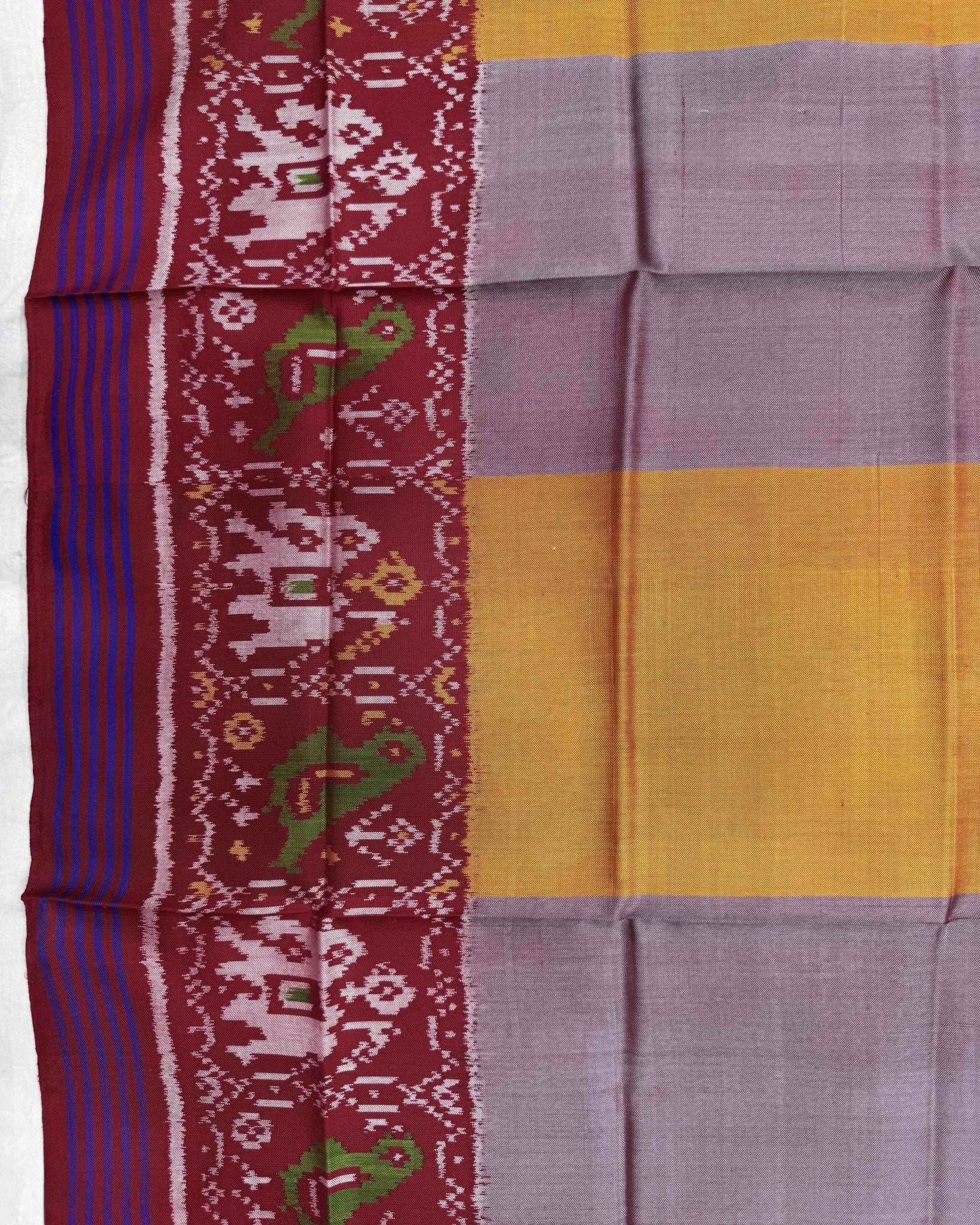 Red & Yellow with Grey Plain Patta Semi Double Ikat Patola Dupatta - SindhoiPatolaArt