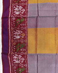 Red & Yellow with Grey Plain Patta Semi Double Ikat Patola Dupatta - SindhoiPatolaArt