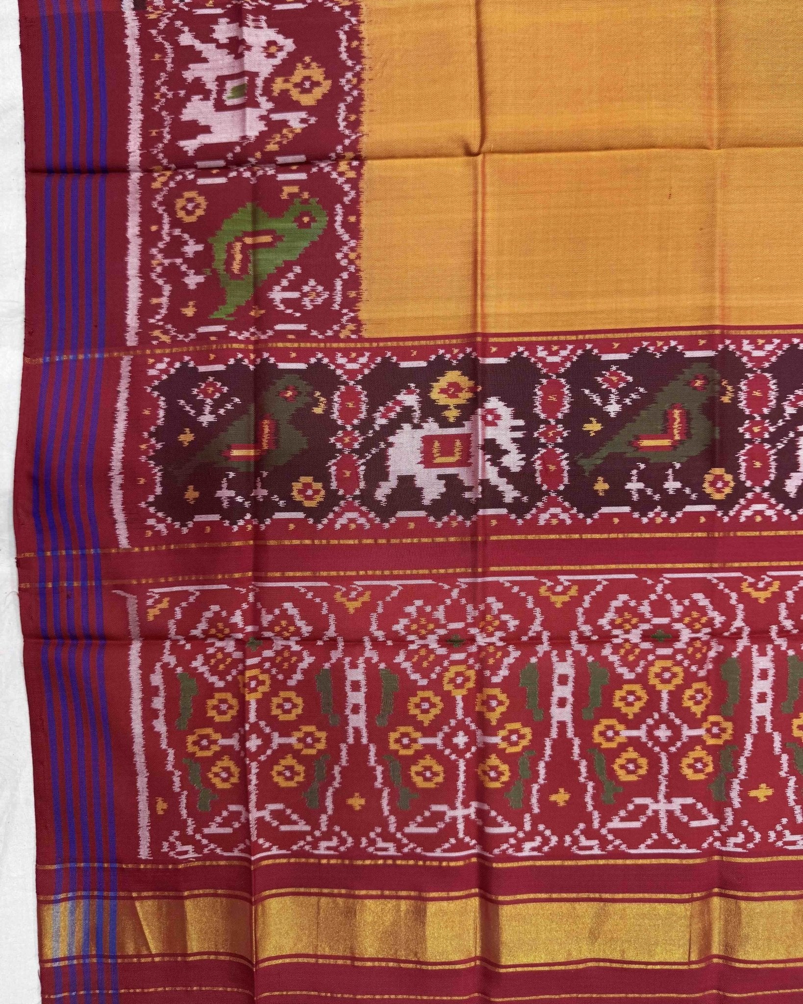 Red & Yellow with Grey Plain Patta Semi Double Ikat Patola Dupatta - SindhoiPatolaArt
