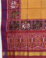 Red & Yellow with Grey Plain Patta Semi Double Ikat Patola Dupatta - SindhoiPatolaArt