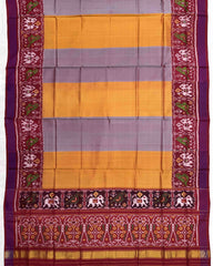 Red & Yellow with Grey Plain Patta Semi Double Ikat Patola Dupatta - SindhoiPatolaArt