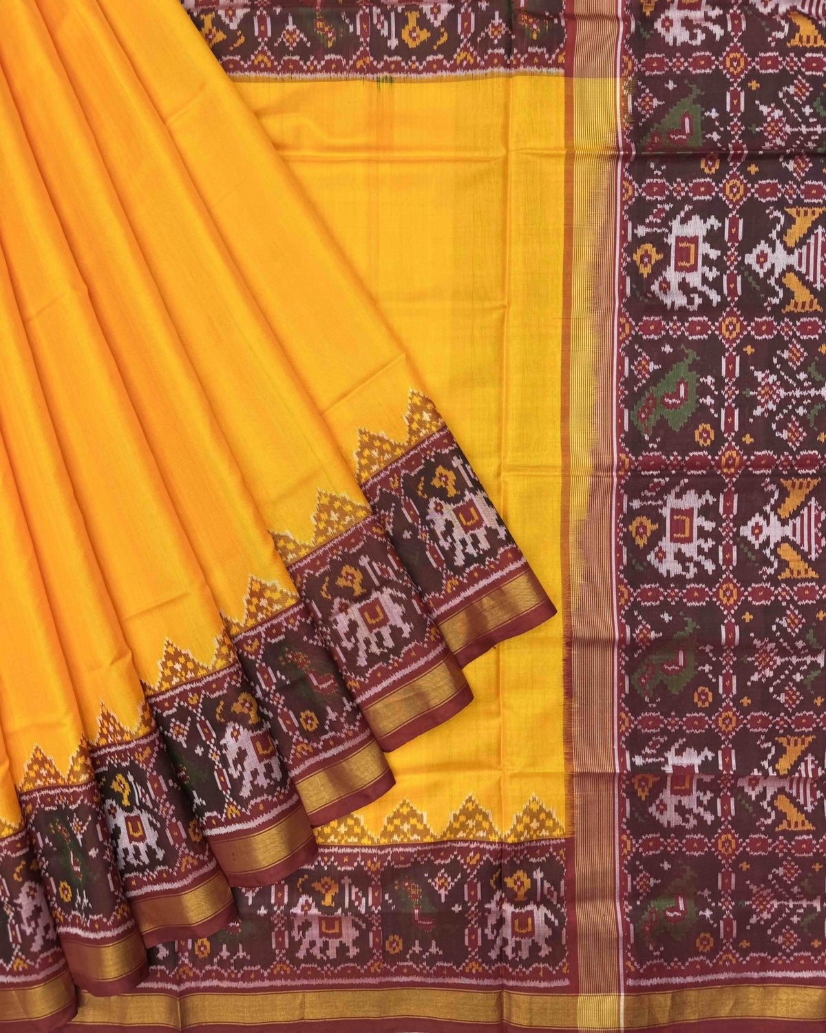 Red & Yellow with Small Scut Border Plain Patola Saree - SindhoiPatolaArt
