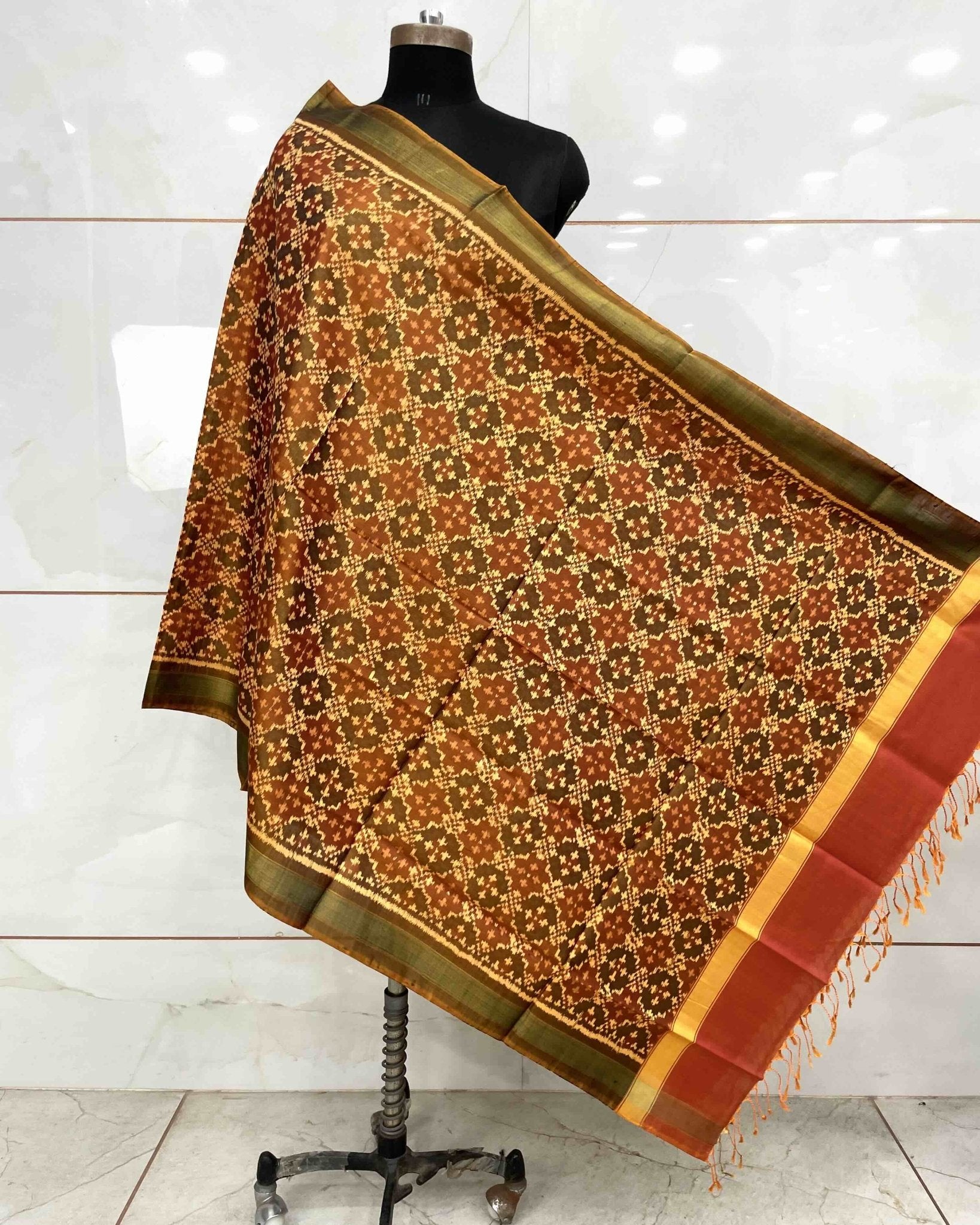 Rust Buttonful Design Patola Dupatta - SindhoiPatolaArt