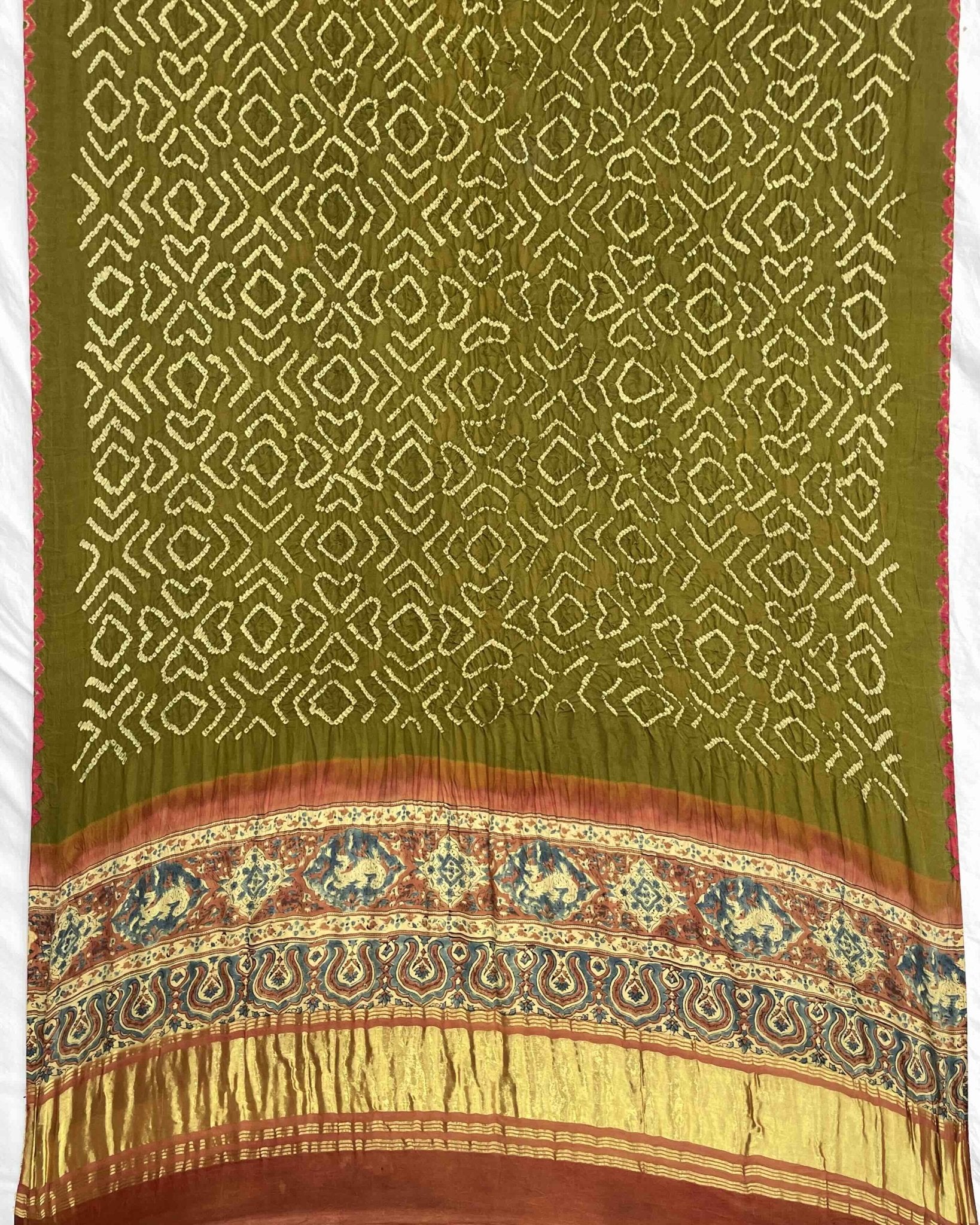 Rust & Mehendi Green Gajji Ajrakh Bandhani Dupatta - SindhoiPatolaArt
