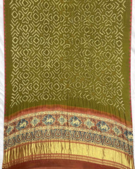 Rust & Mehendi Green Gajji Ajrakh Bandhani Dupatta - SindhoiPatolaArt