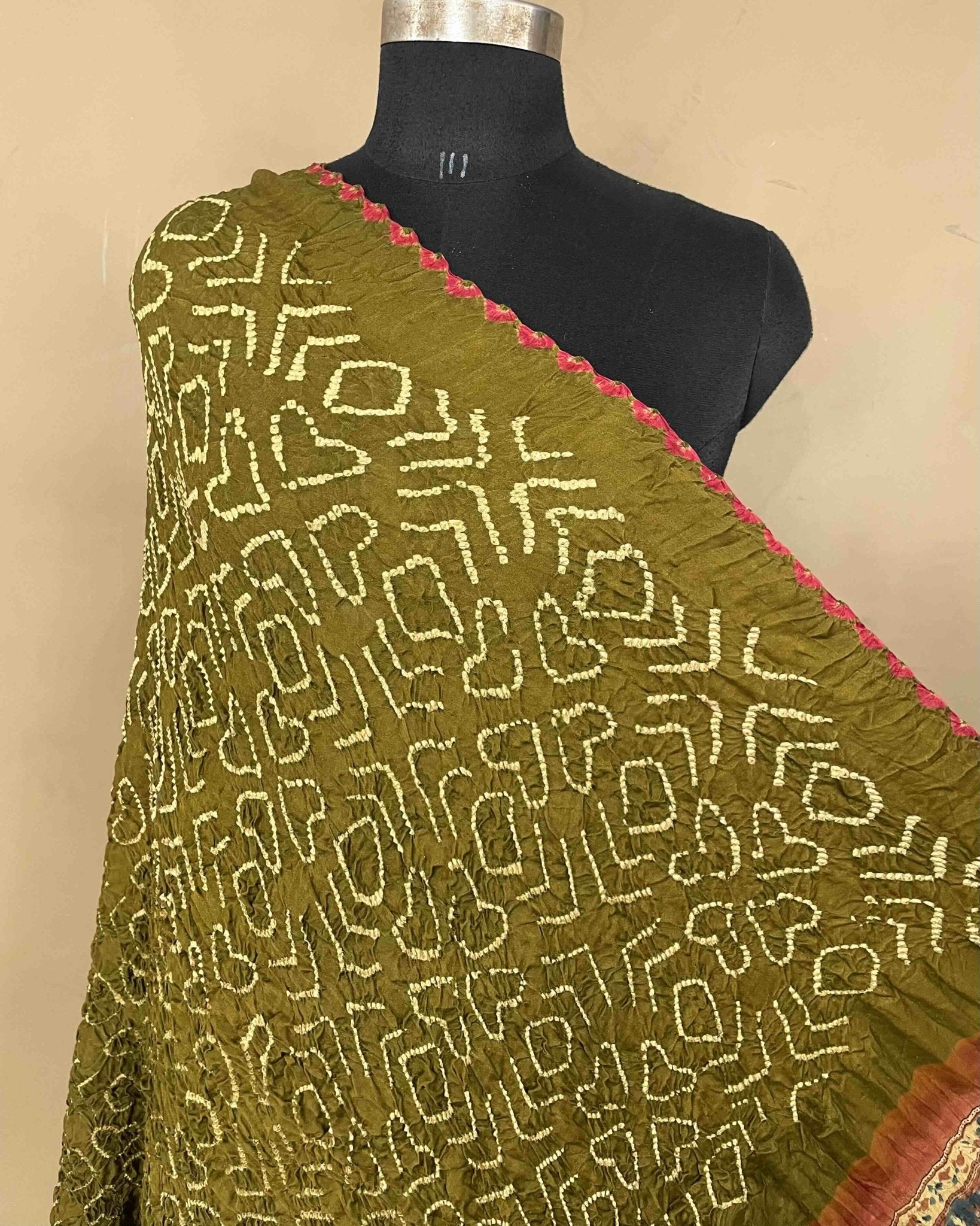 Rust & Mehendi Green Gajji Ajrakh Bandhani Dupatta - SindhoiPatolaArt
