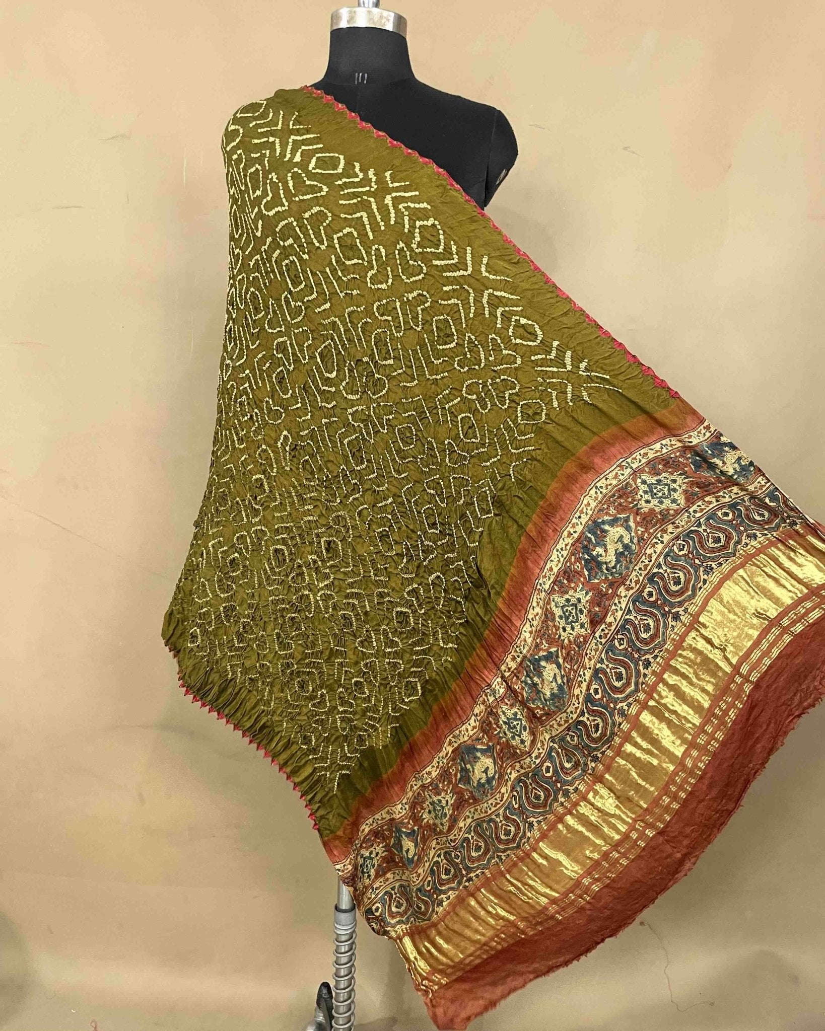 Rust & Mehendi Green Gajji Ajrakh Bandhani Dupatta - SindhoiPatolaArt