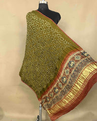 Rust & Mehendi Green Gajji Ajrakh Bandhani Dupatta - SindhoiPatolaArt