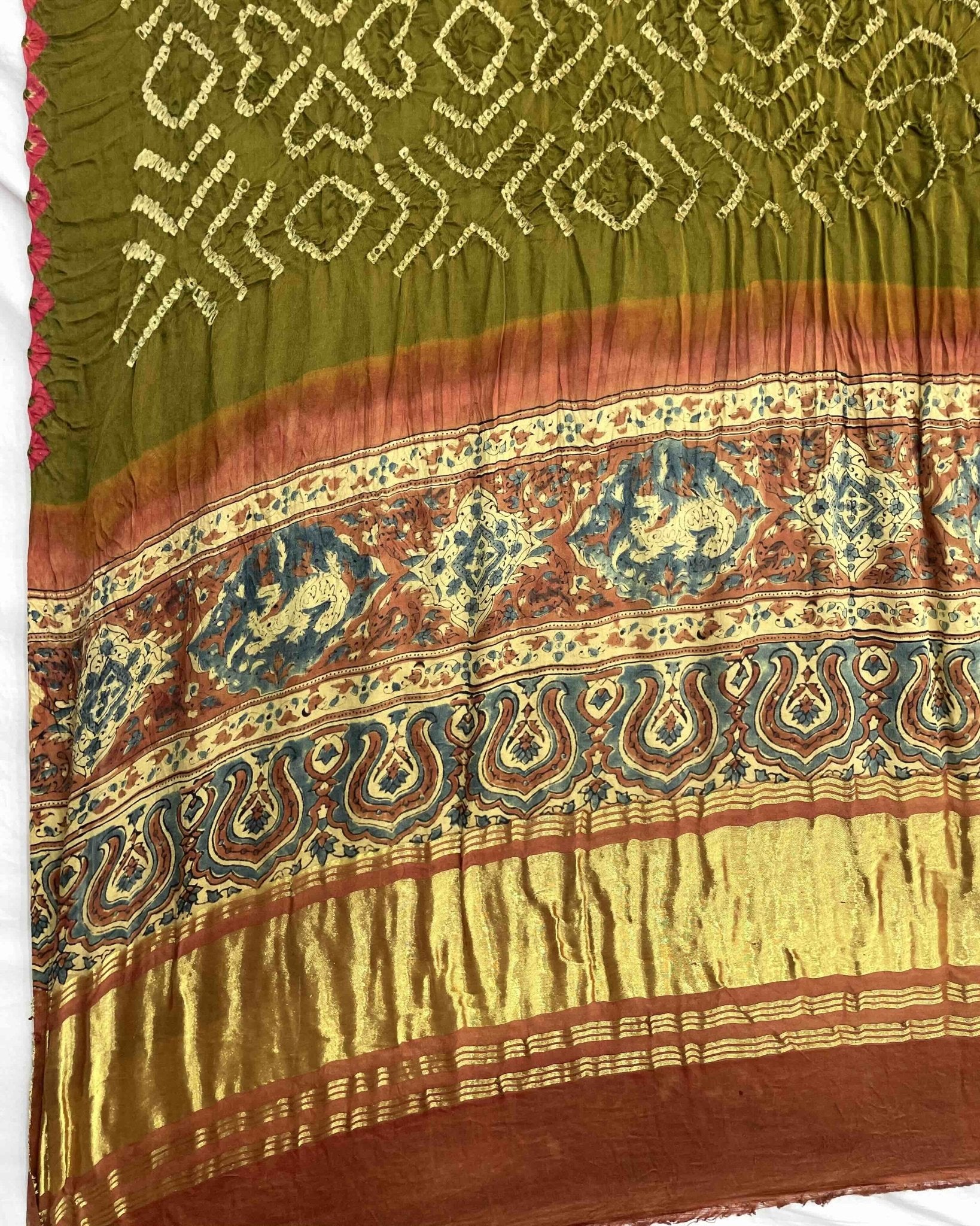 Rust & Mehendi Green Gajji Ajrakh Bandhani Dupatta - SindhoiPatolaArt