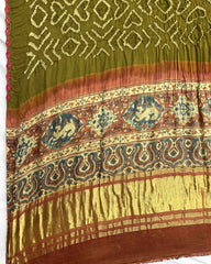 Rust & Mehendi Green Gajji Ajrakh Bandhani Dupatta - SindhoiPatolaArt