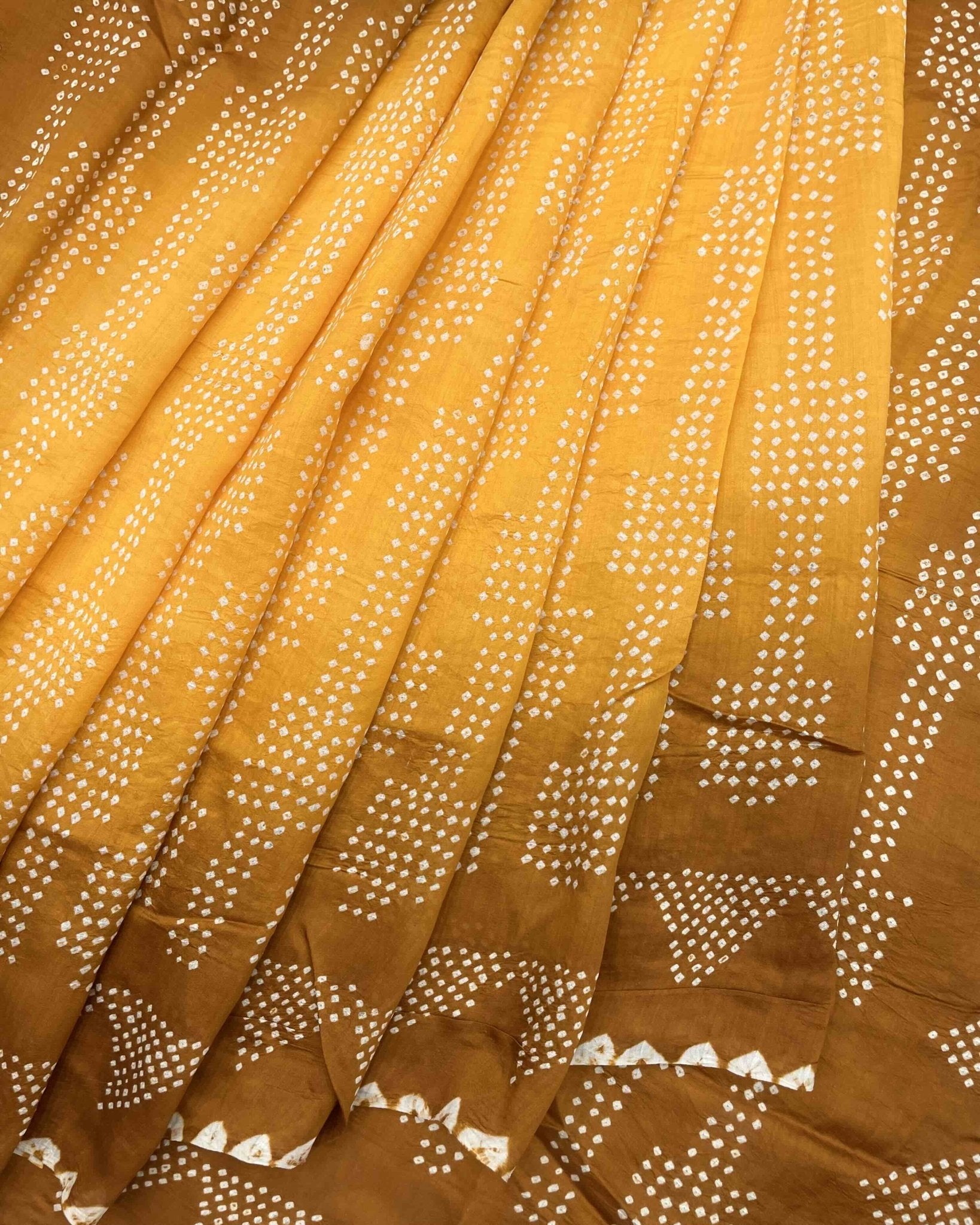 Rust & Yellow Chiniya Bandhani Saree - SindhoiPatolaArt