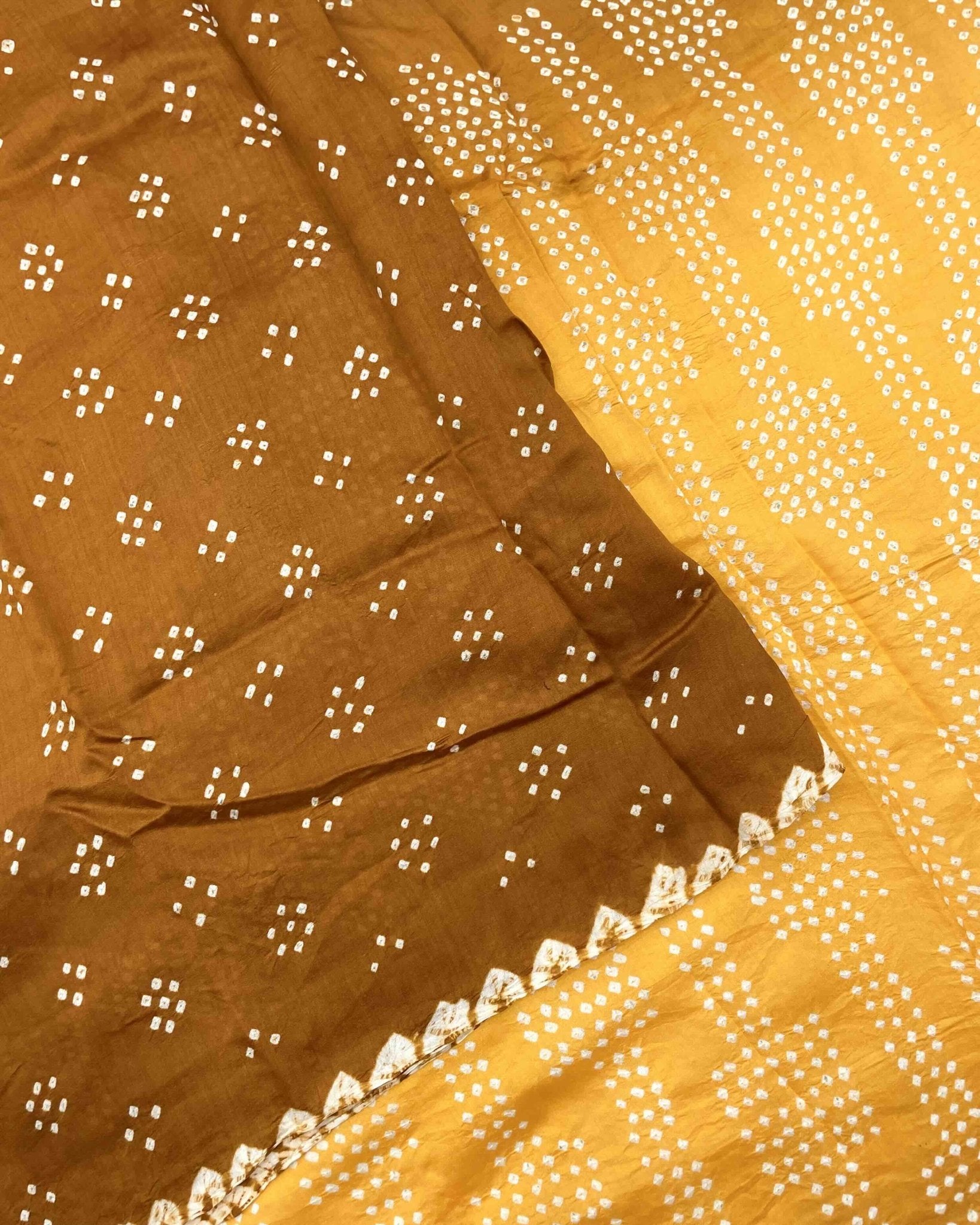 Rust & Yellow Chiniya Bandhani Saree - SindhoiPatolaArt