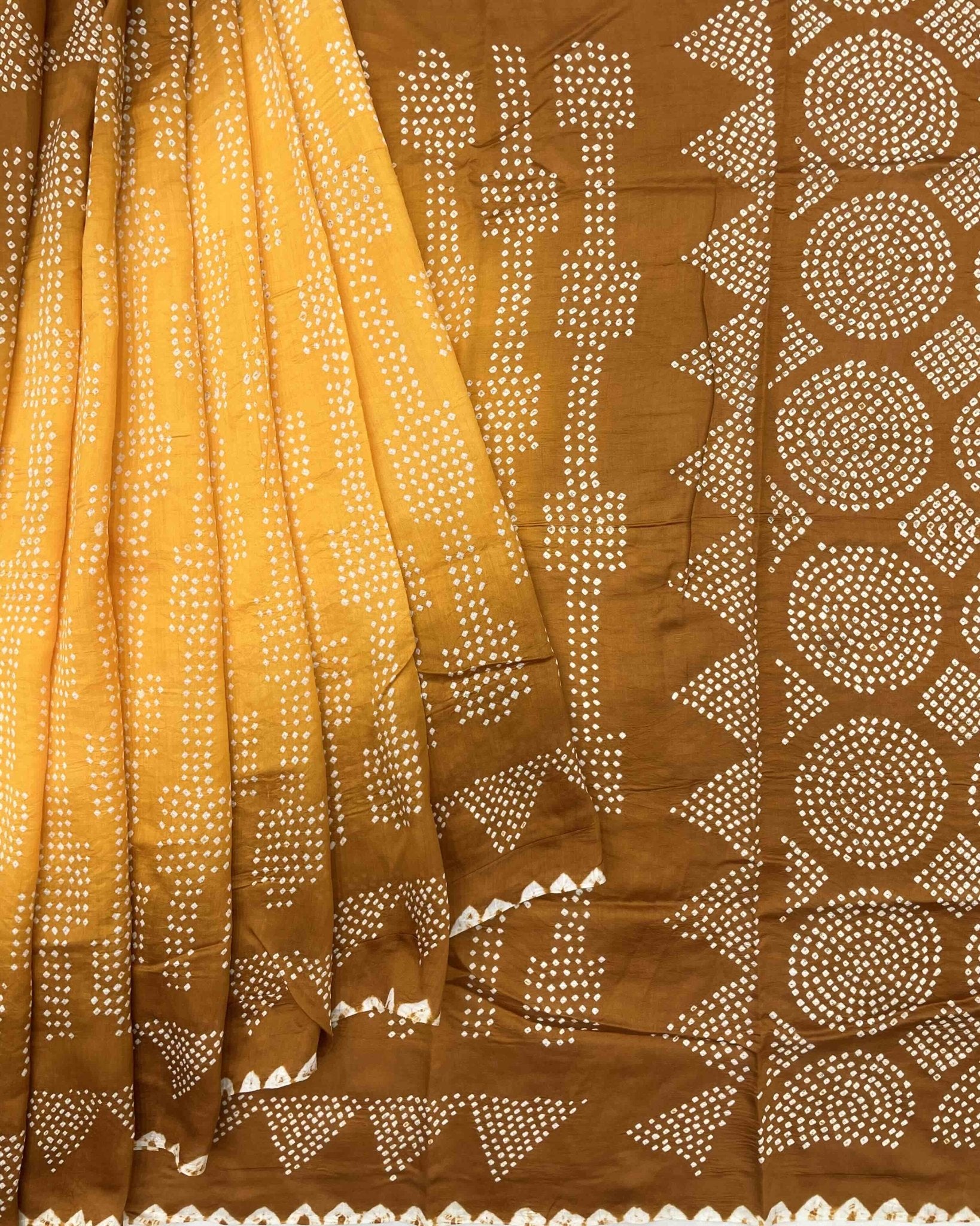 Rust & Yellow Chiniya Bandhani Saree - SindhoiPatolaArt