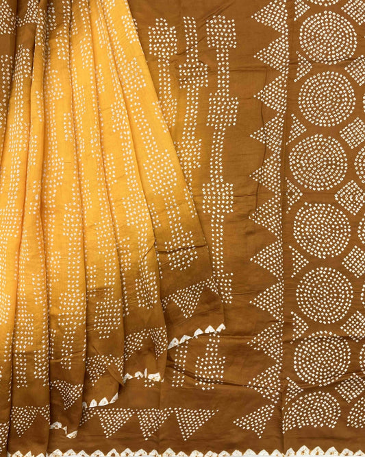 Rust & Yellow Chiniya Bandhani Saree - SindhoiPatolaArt