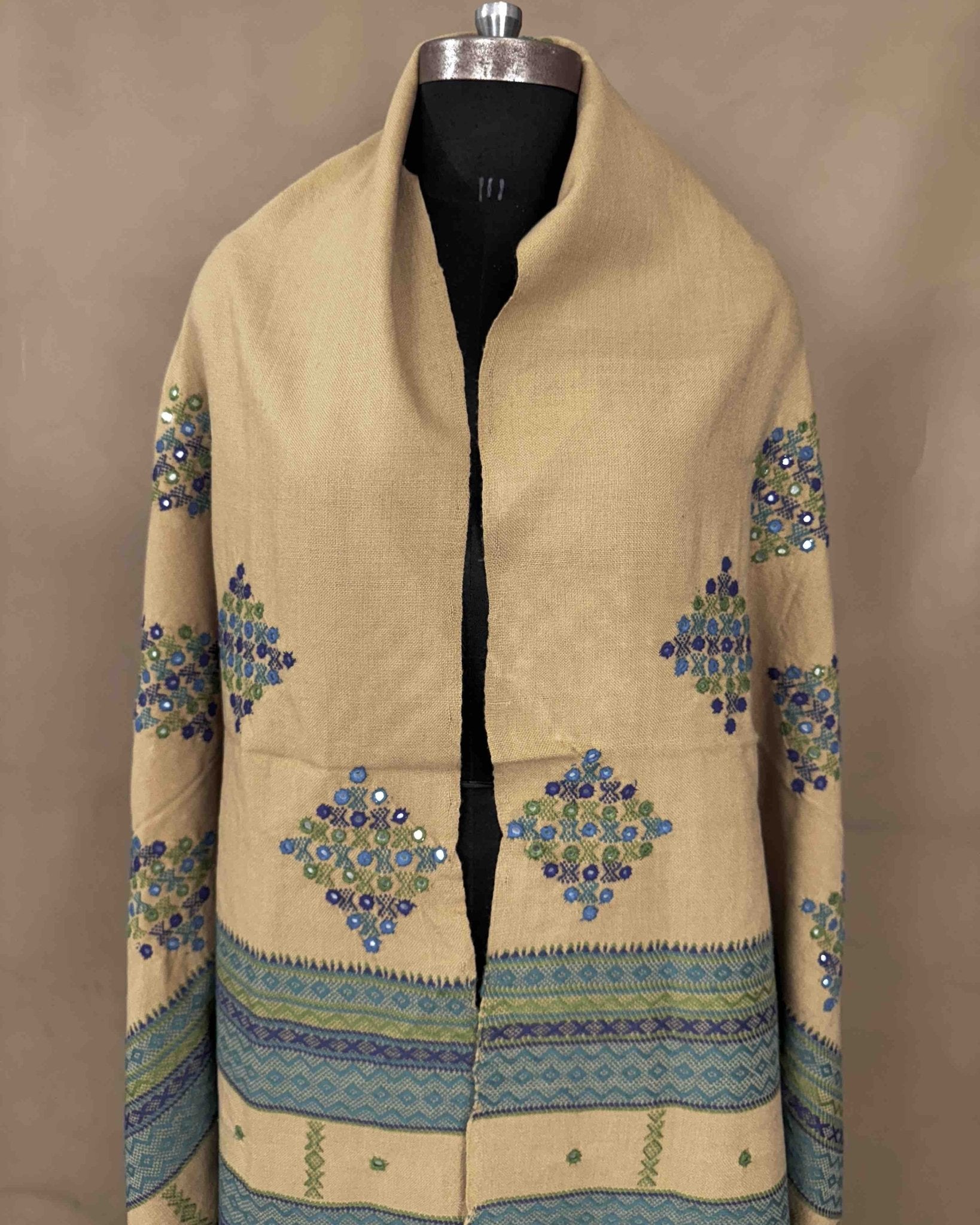Sand Coloured Heavy Butta & Mirror Work Kutchi Woolen Shawl - SindhoiPatolaArt
