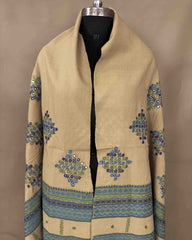 Sand Coloured Heavy Butta & Mirror Work Kutchi Woolen Shawl - SindhoiPatolaArt