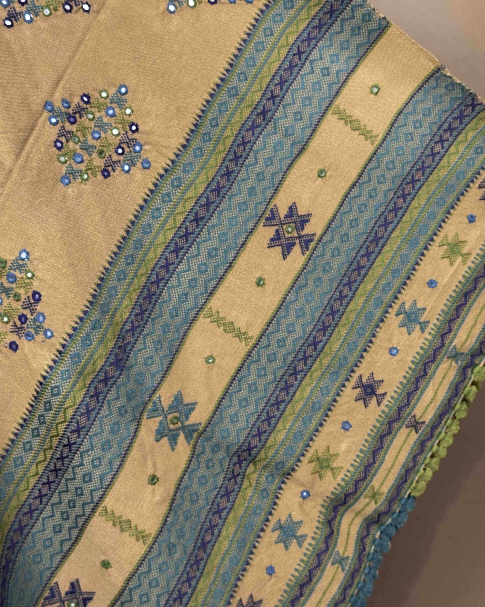 Sand Coloured Heavy Butta & Mirror Work Kutchi Woolen Shawl - SindhoiPatolaArt