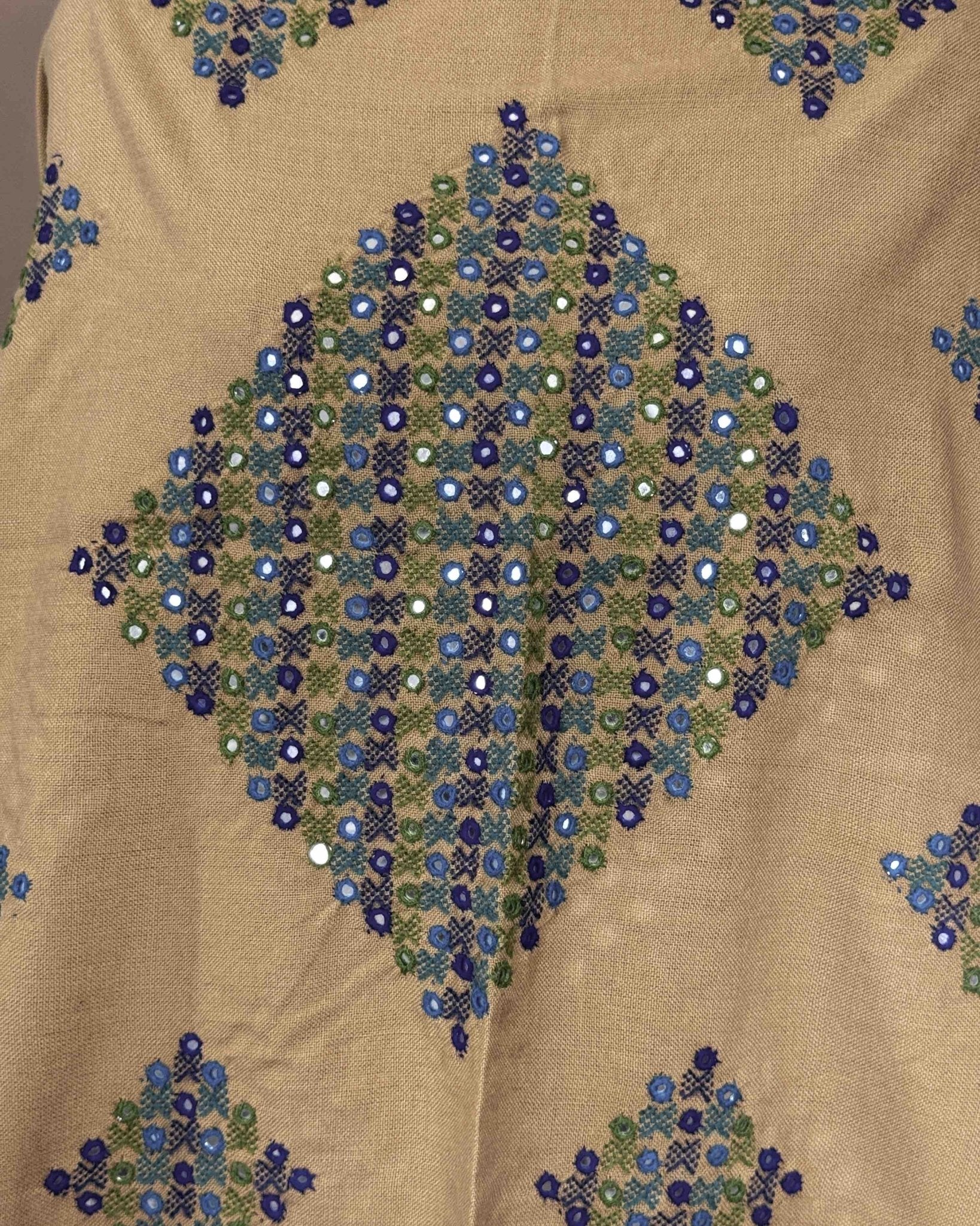 Sand Coloured Heavy Butta & Mirror Work Kutchi Woolen Shawl - SindhoiPatolaArt