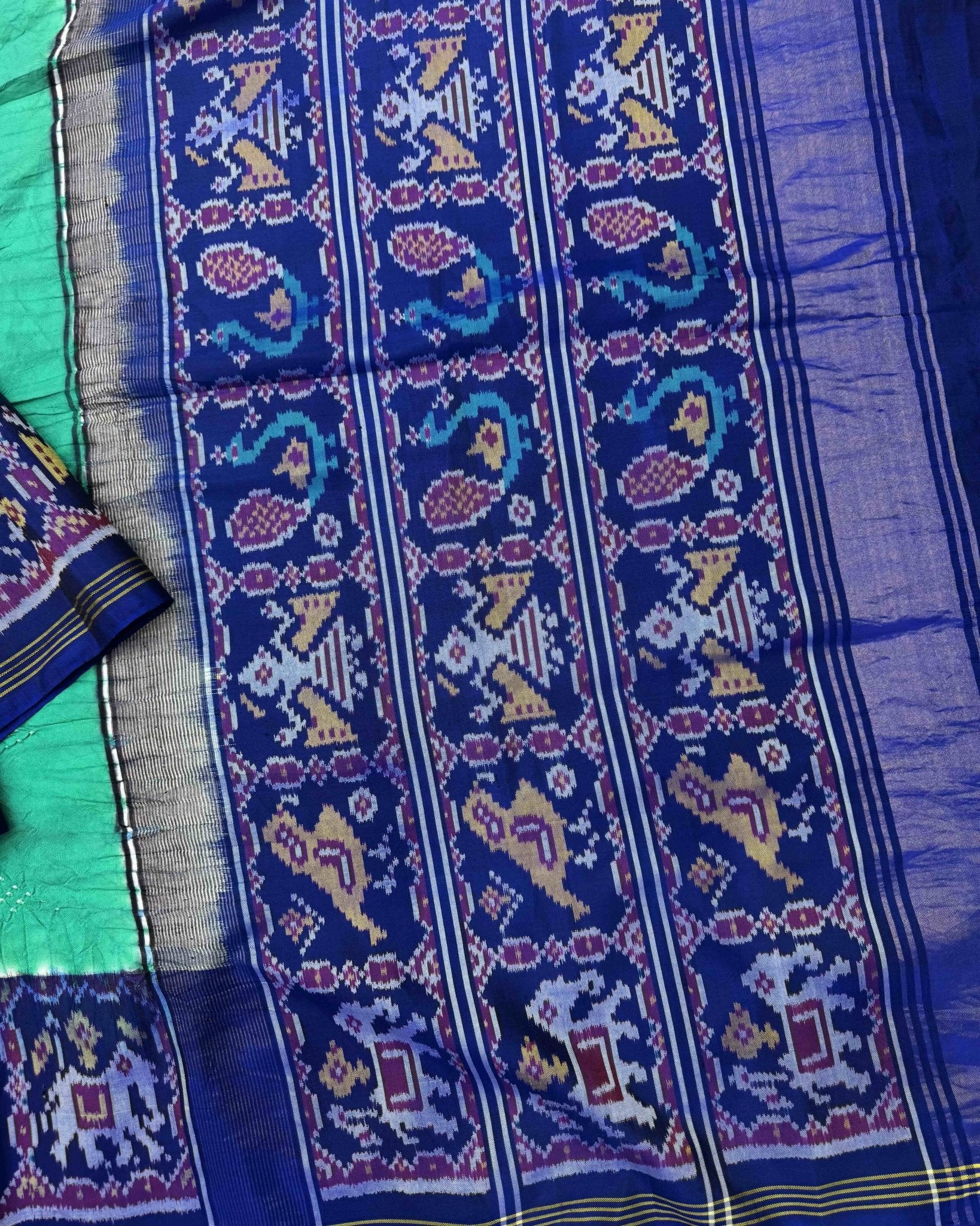Sea Green & Blue Narikunj Design Pallu Patola Bandhej - SindhoiPatolaArt