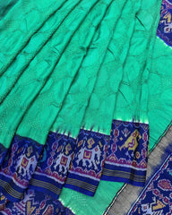 Sea Green & Blue Narikunj Design Pallu Patola Bandhej - SindhoiPatolaArt