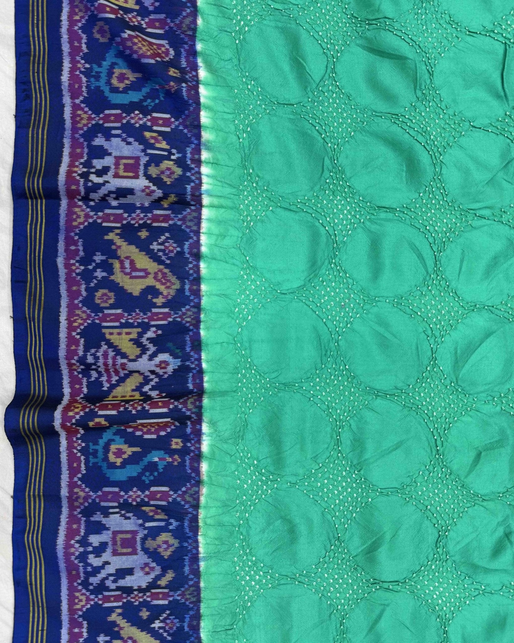 Sea Green & Blue Narikunj Design Pallu Patola Bandhej - SindhoiPatolaArt