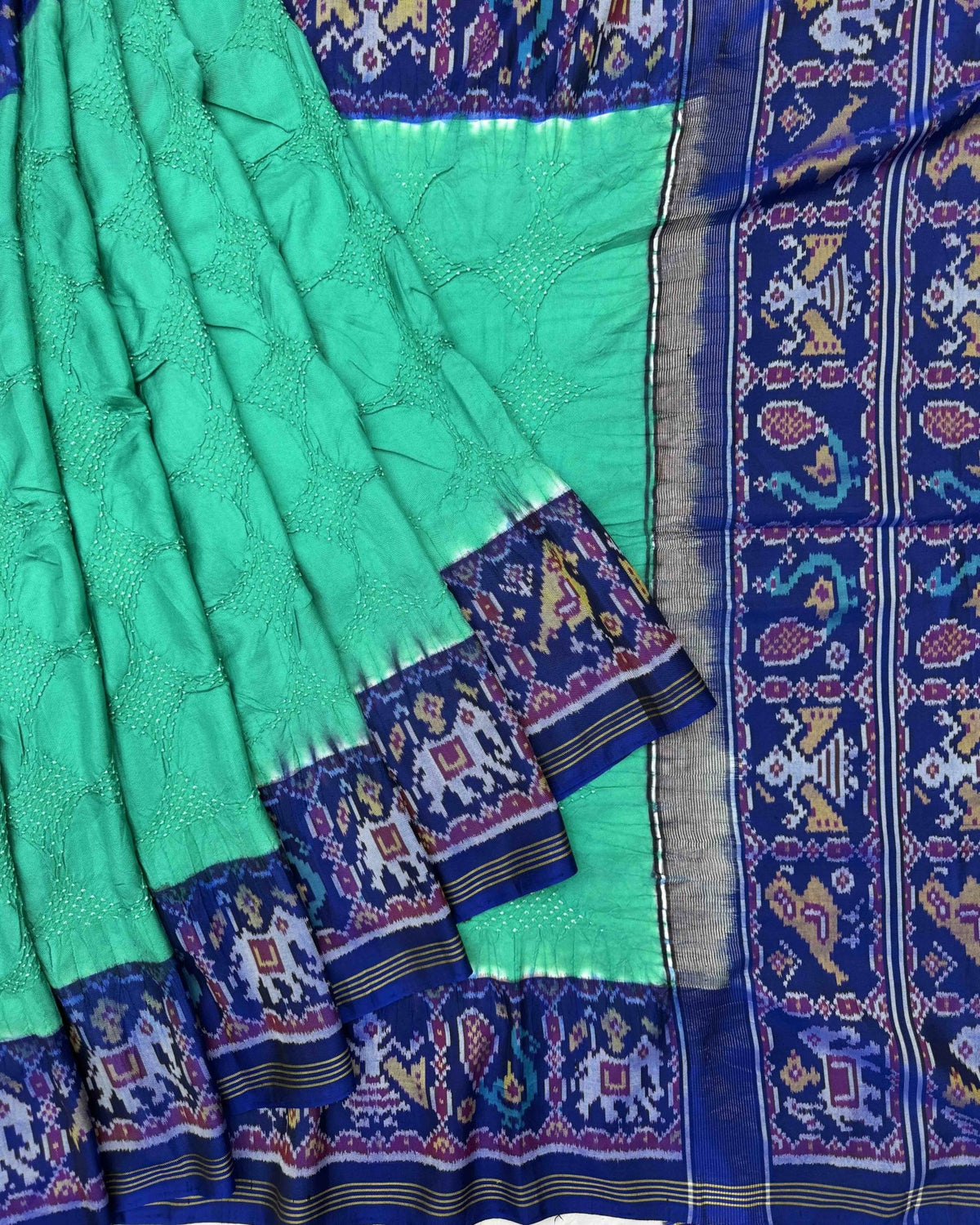 Sea Green & Blue Narikunj Design Pallu Patola Bandhej - SindhoiPatolaArt