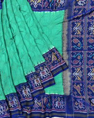 Sea Green & Blue Narikunj Design Pallu Patola Bandhej - SindhoiPatolaArt