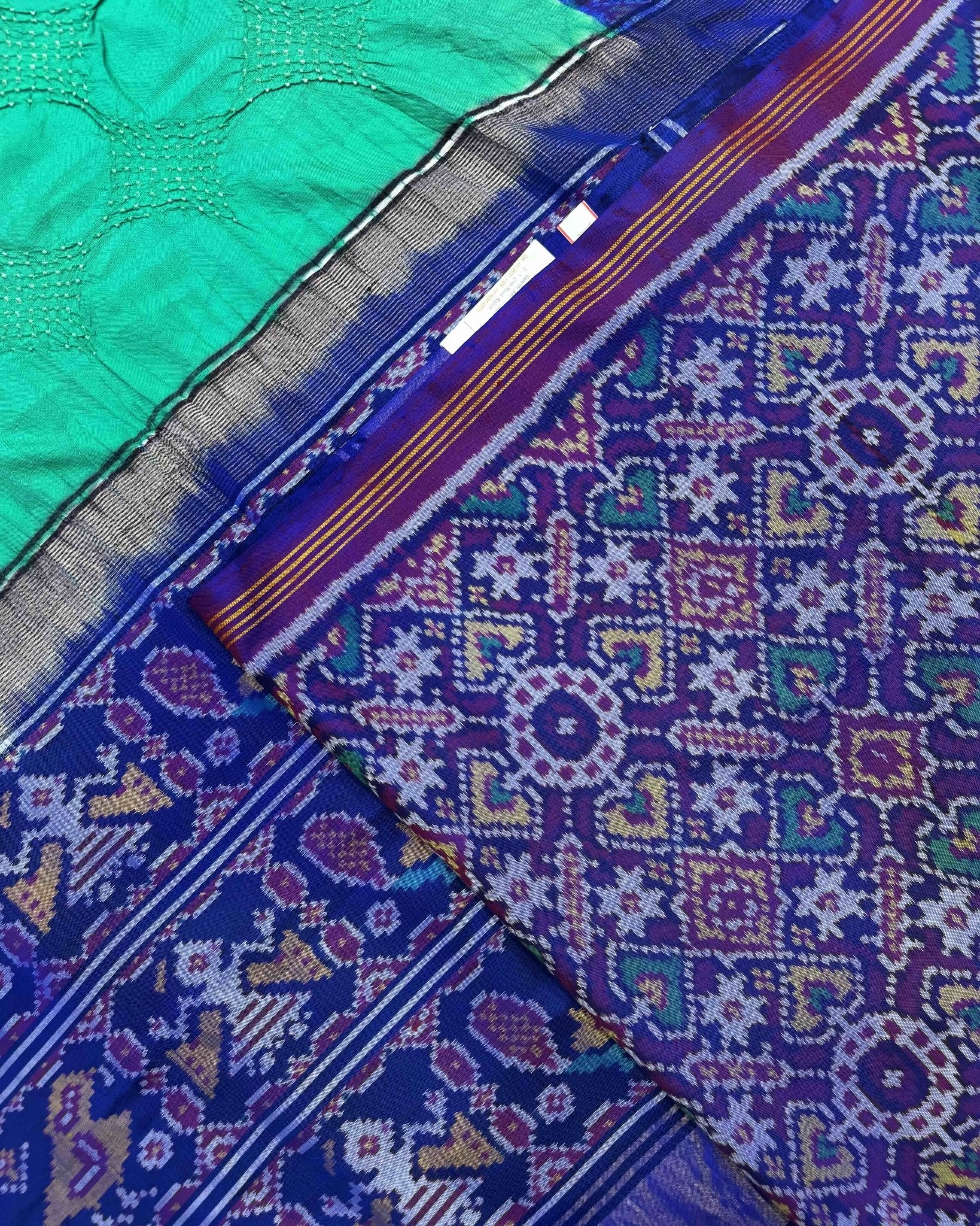 Sea Green & Blue Narikunj Design Pallu Patola Bandhej - SindhoiPatolaArt