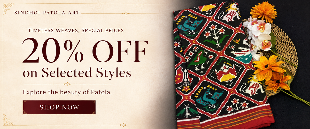 Sindhoi Patola Art — 20% off on selected styles, featuring Red and Black Narikunj Double Ikat Patola saree