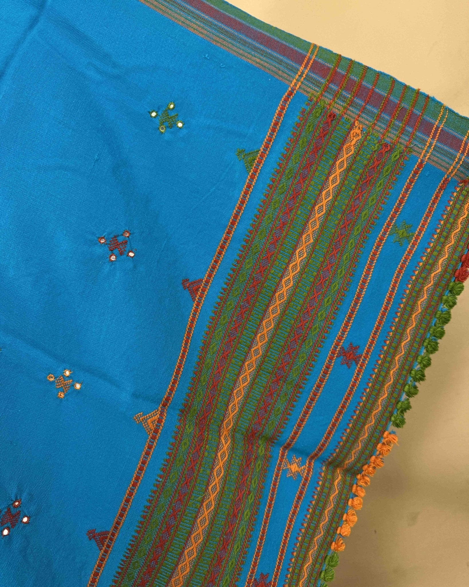 Sky Blue Chomukh Mirror Kutchi Woolen Shawl - SindhoiPatolaArt