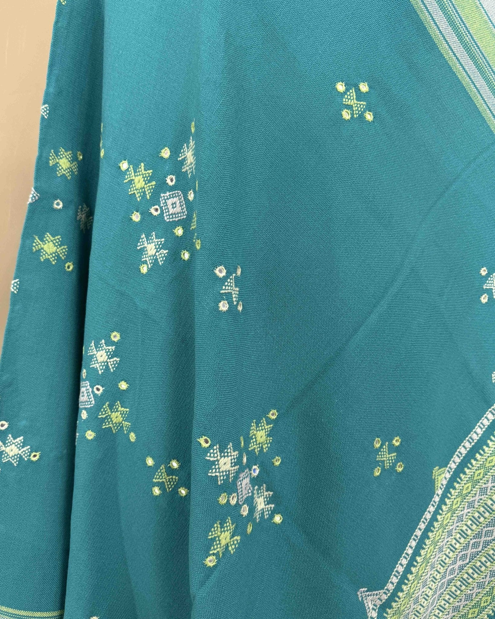 Sky Blue Chomukh Mirror Kutchi Woolen Shawl - SindhoiPatolaArt