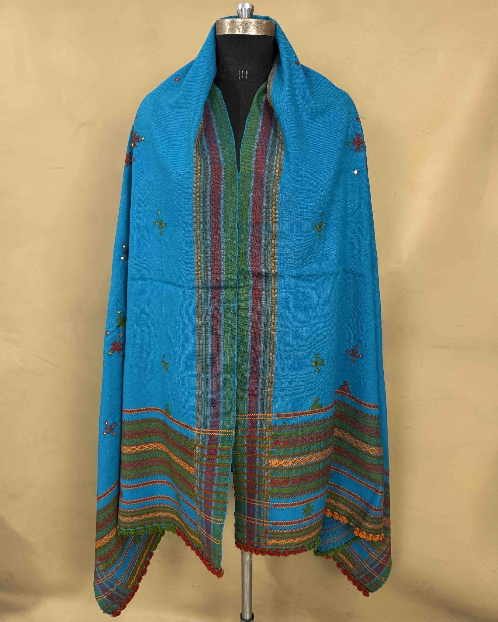 Sky Blue Chomukh Mirror Kutchi Woolen Shawl - SindhoiPatolaArt
