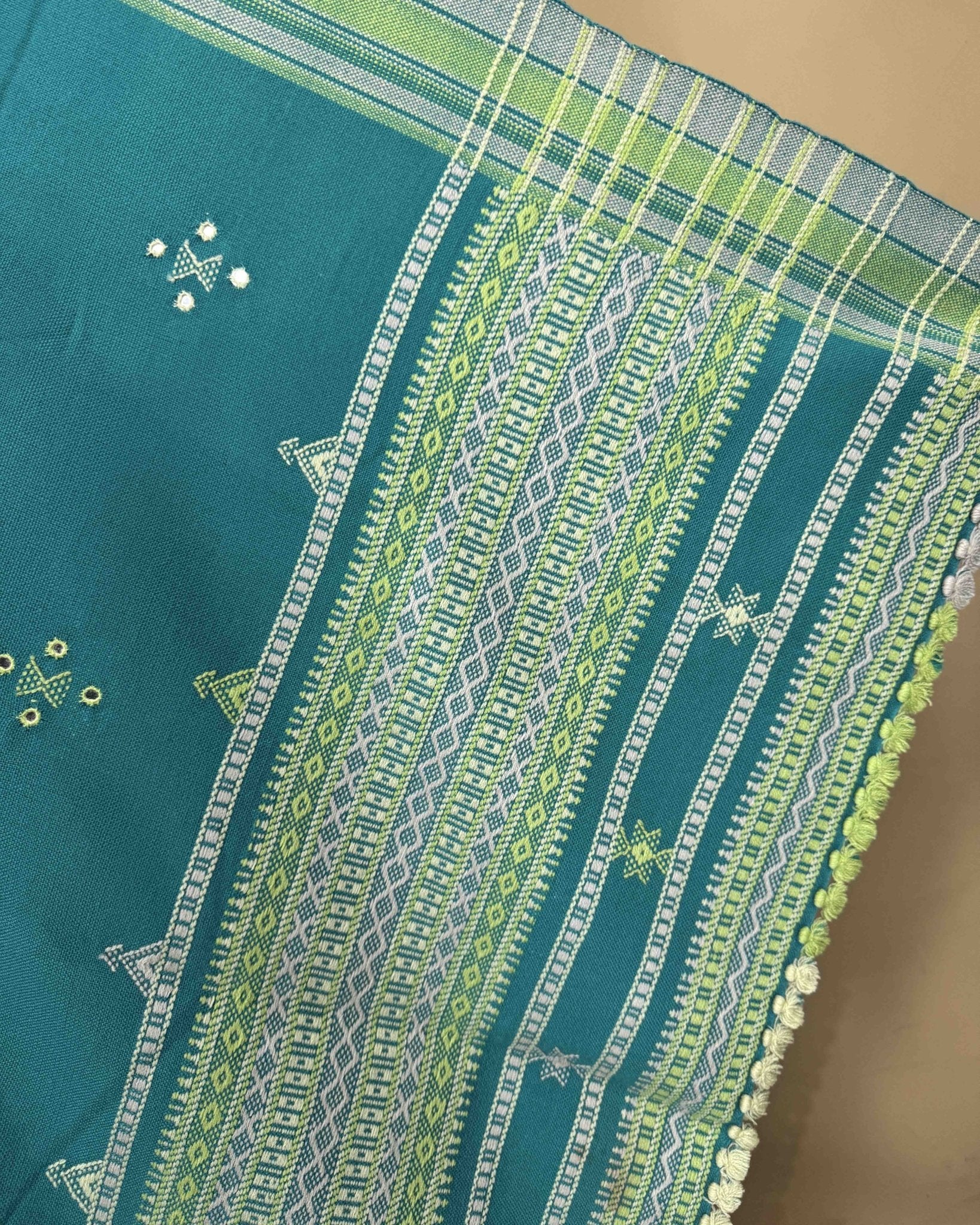 Sky Blue Chomukh Mirror Kutchi Woolen Shawl - SindhoiPatolaArt