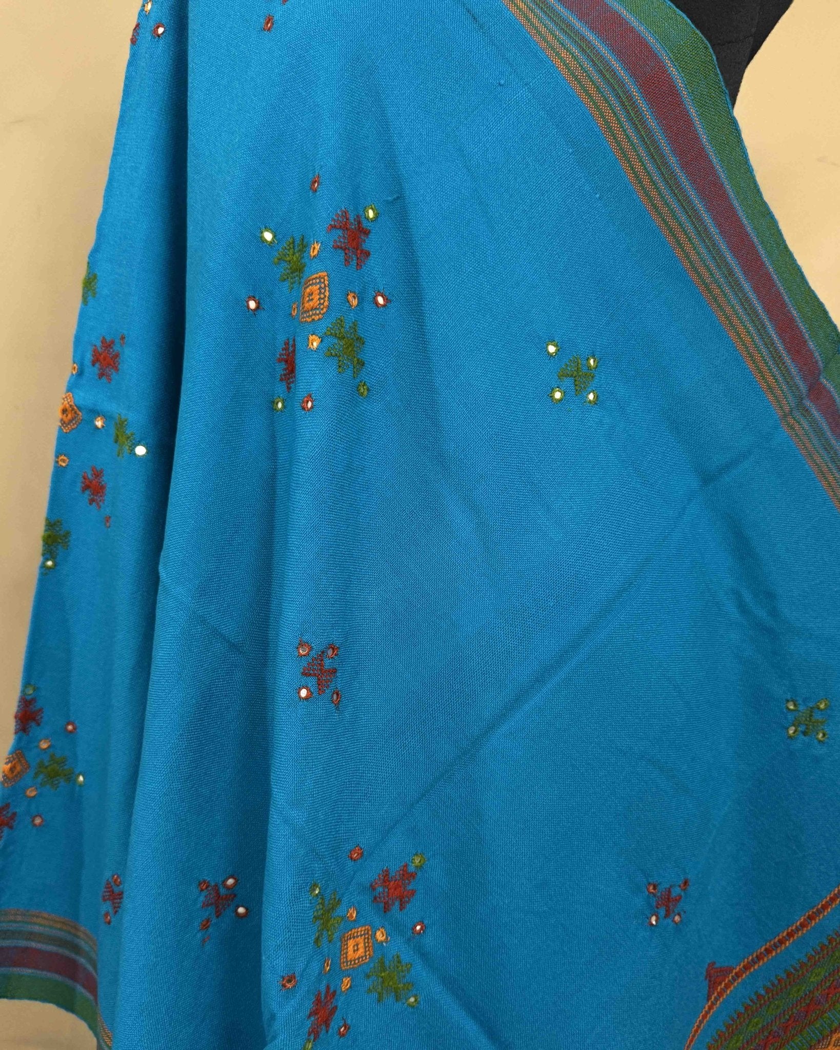 Sky Blue Chomukh Mirror Kutchi Woolen Shawl - SindhoiPatolaArt