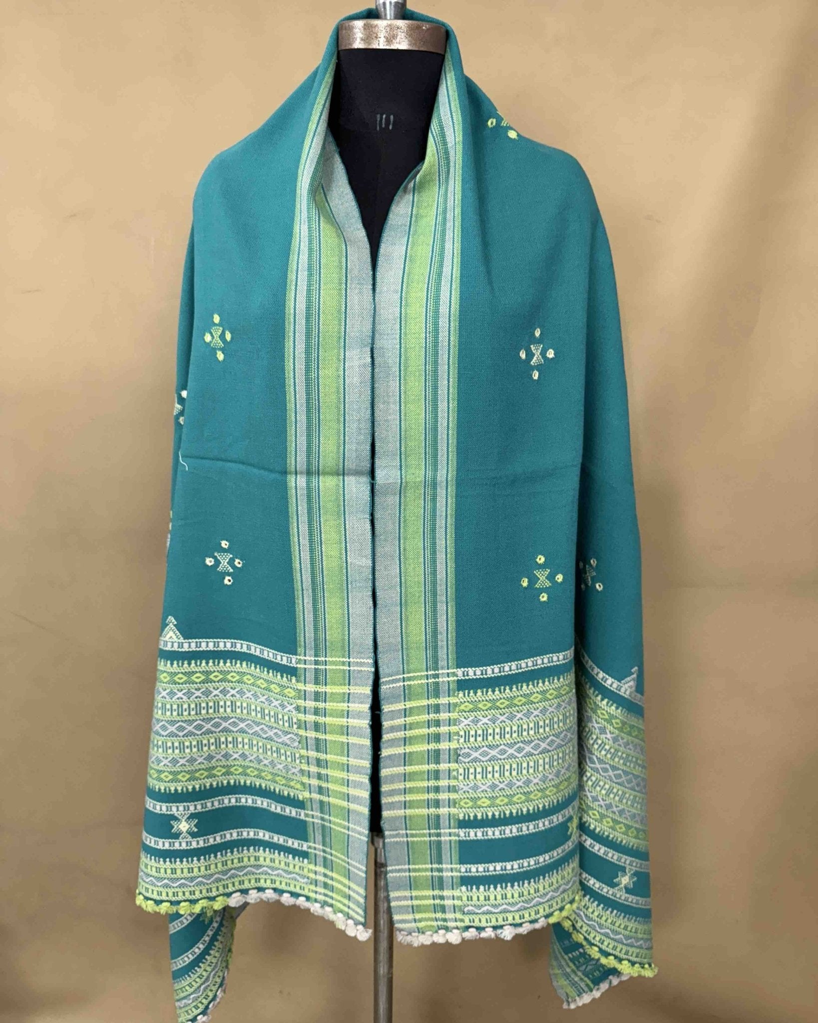 Sky Blue Chomukh Mirror Kutchi Woolen Shawl - SindhoiPatolaArt