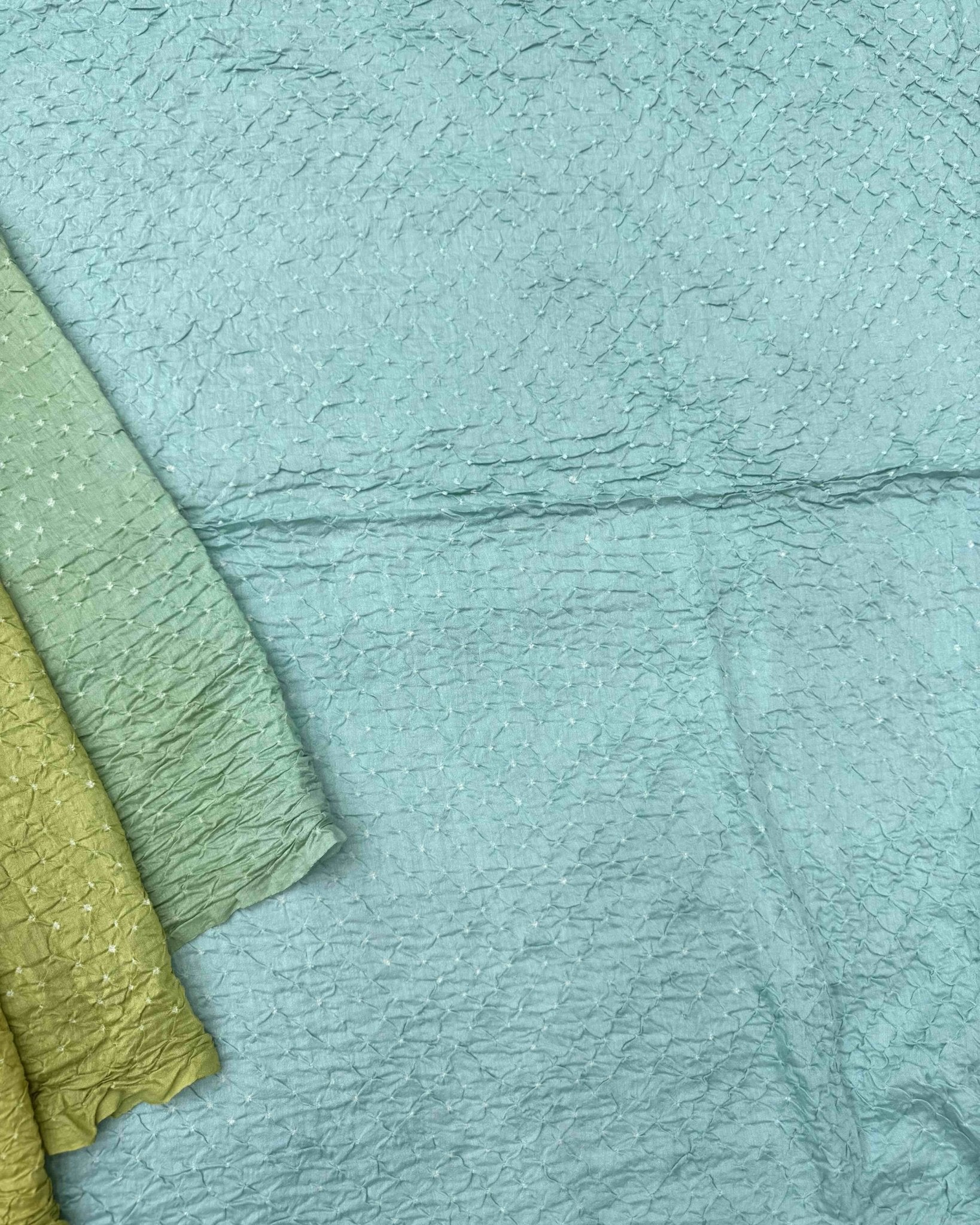 Sky Blue & Lemon Green Shaded Munga Silk Bandhani Saree - SindhoiPatolaArt