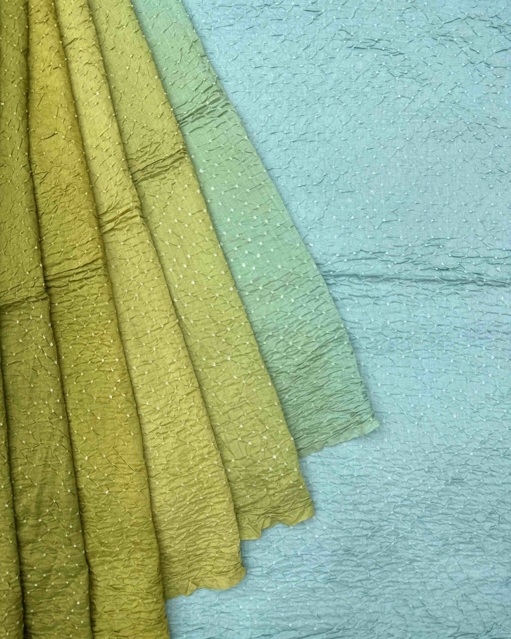 Sky Blue & Lemon Green Shaded Munga Silk Bandhani Saree - SindhoiPatolaArt